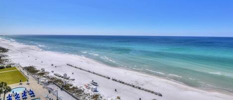 On the beach, sun loungers
