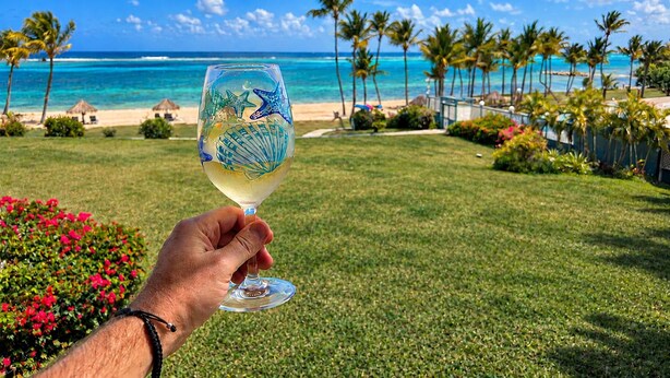 Une main tenant un verre orné d’un motif tropical, avec en arrière-plan une plage bordée de palmiers et un ciel dégagé.
