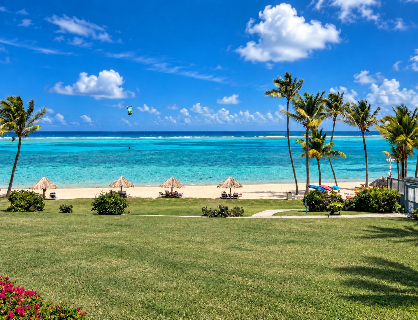 A beach view with clear turquoise water, palm trees, and a grassy area with umbrellas.