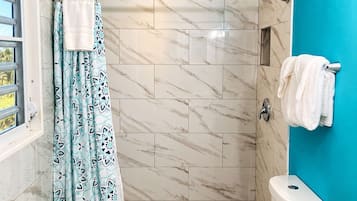 Une salle de bain avec une douche, des toilettes et une fenêtre.