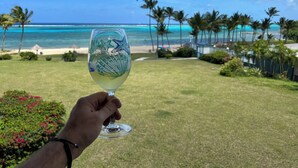 Eine Hand hält ein Glas mit Meeresmotiven, vor einer Kulisse aus Strand und Palmen.