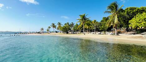 On the beach, sun loungers, beach towels
