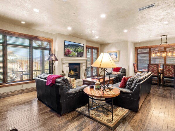 Smart TV, chimenea, reproductor de DVD, libros