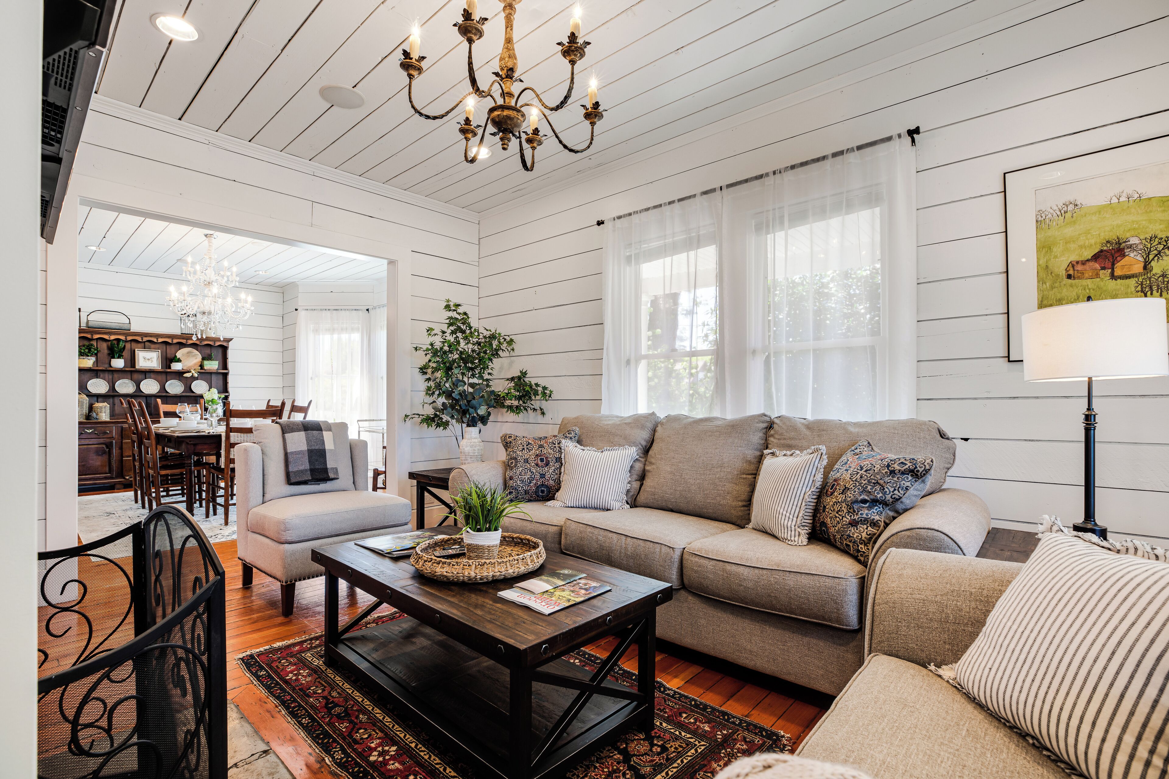TV, fireplace, books