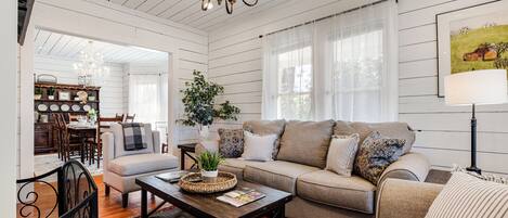 TV, fireplace, books