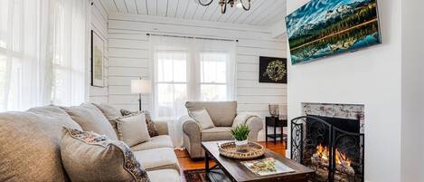 Televisión, chimenea y libros