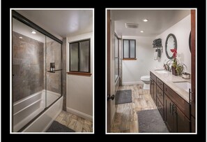Bathtub, hair dryer, towels
