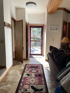 Televisión, chimenea y libros 