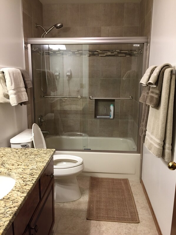 A bathroom with a glass-enclosed shower, a toilet, and a granite countertop. - Beautiful Victorian Home, Recently Remodeled, 1/2 Block To Main Street (Frisco)