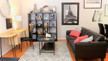 Smart TV, fireplace, books