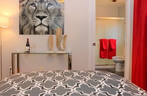 1 bedroom, desk, iron/ironing board, travel crib