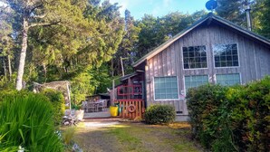 Una cabaña de madera con terraza, rodeada de un bosque denso.