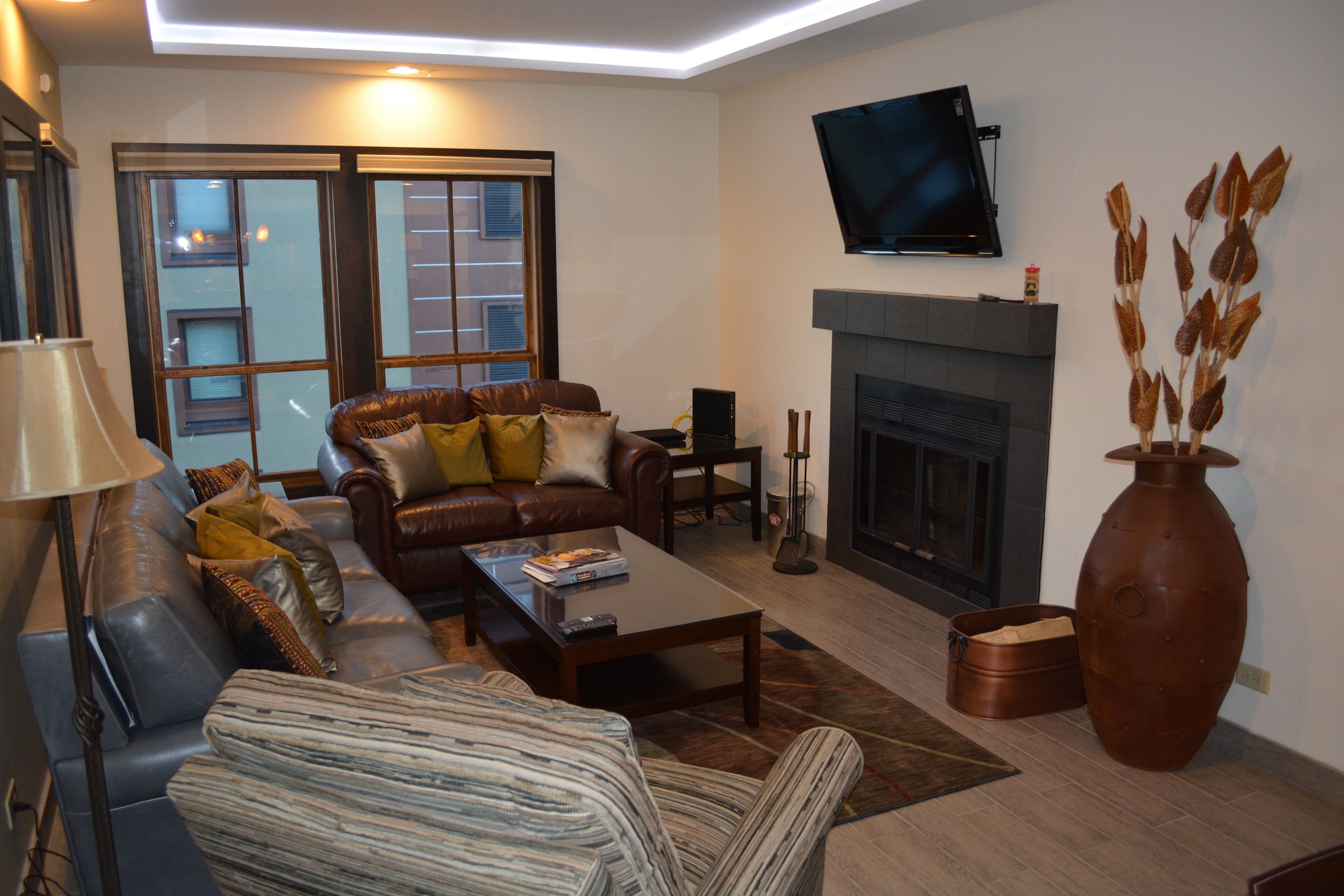 Smart TV, fireplace, video games, DVD player