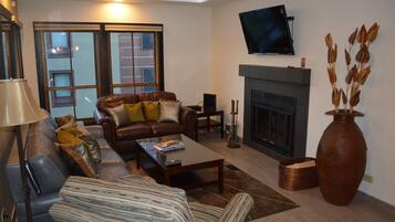 Smart TV, fireplace, video games, DVD player