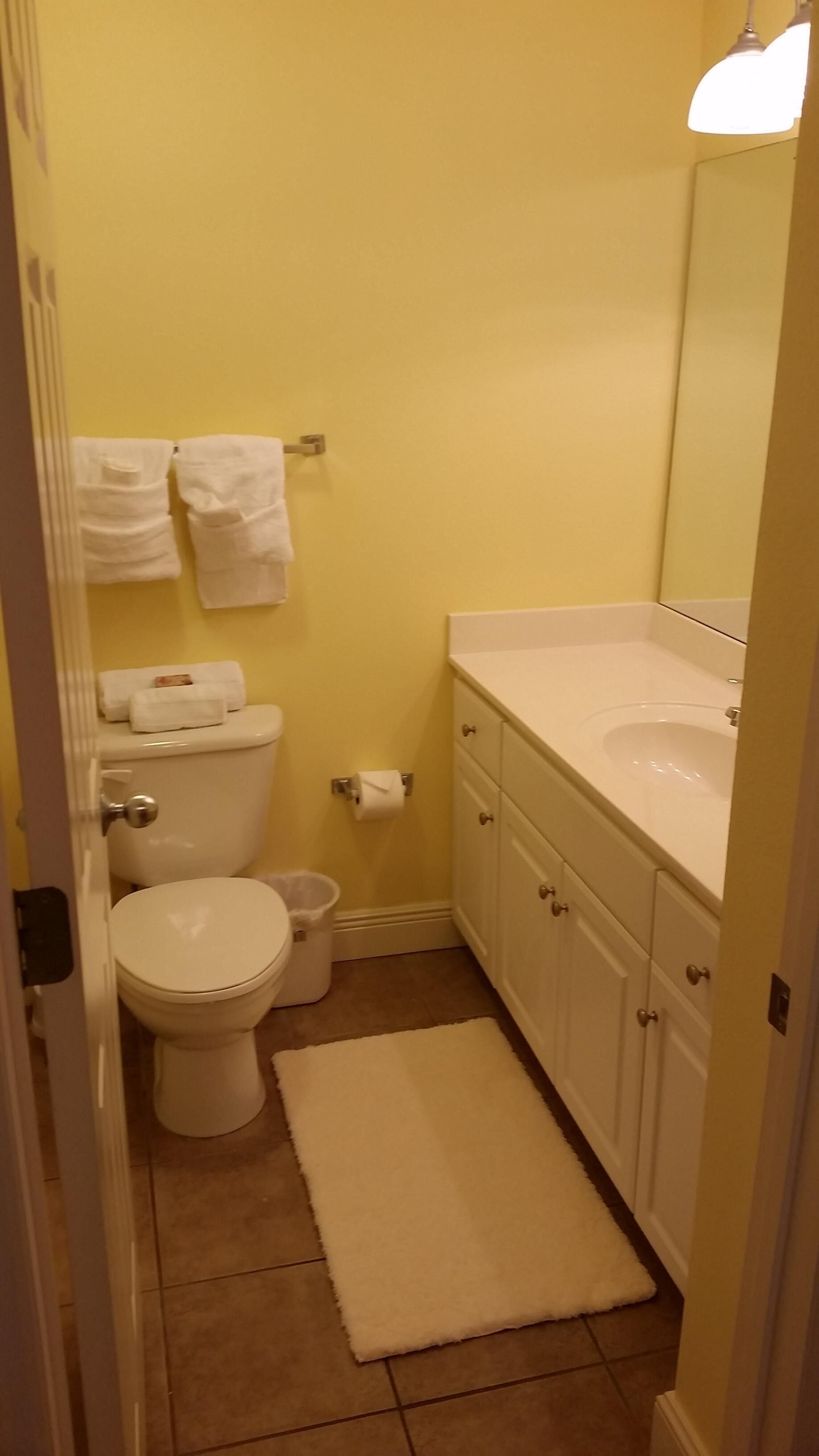 A small bathroom with a toilet, sink, and mirror. There are towels hanging on the wall and a rug on the floor.