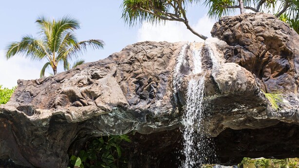 Una piscina con una cascada, rodeada de rocas y follaje.