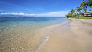 A beach with clear water, a sandy shore, and palm trees. - Aina Nalu Studio, Great Rates & Location, AC & WIFI,  2 Pools & Jacuzzi (Lahaina)