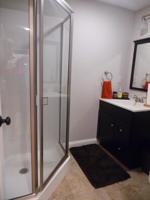 Combined shower/tub, hair dryer, towels, toilet paper