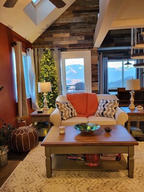 Smart TV, fireplace, books