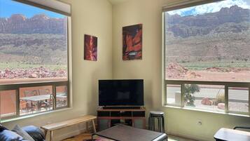 Smart TV, fireplace, DVD player