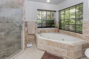 Bathtub, jetted bath, hair dryer, towels