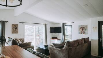TV connectée, cheminée, livres