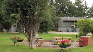 A grassy outdoor area with a wooden bench, a picnic table, and wheelbarrows with flowers. - Cozy Cabin With Mountain Views (Columbia Falls)