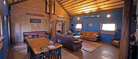 TV, fireplace, books, video library