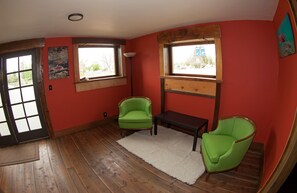 TV, fireplace, books, video library