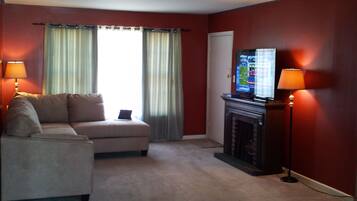 Flat-screen TV, fireplace, DVD player, books