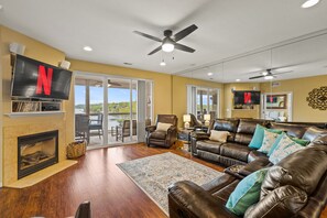 Smart TV, fireplace, video games, DVD player