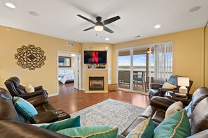 Smart TV, fireplace, video games, DVD player