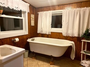 Bathtub, hair dryer, towels, soap
