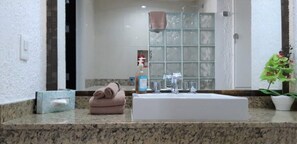 Shower, hair dryer, towels