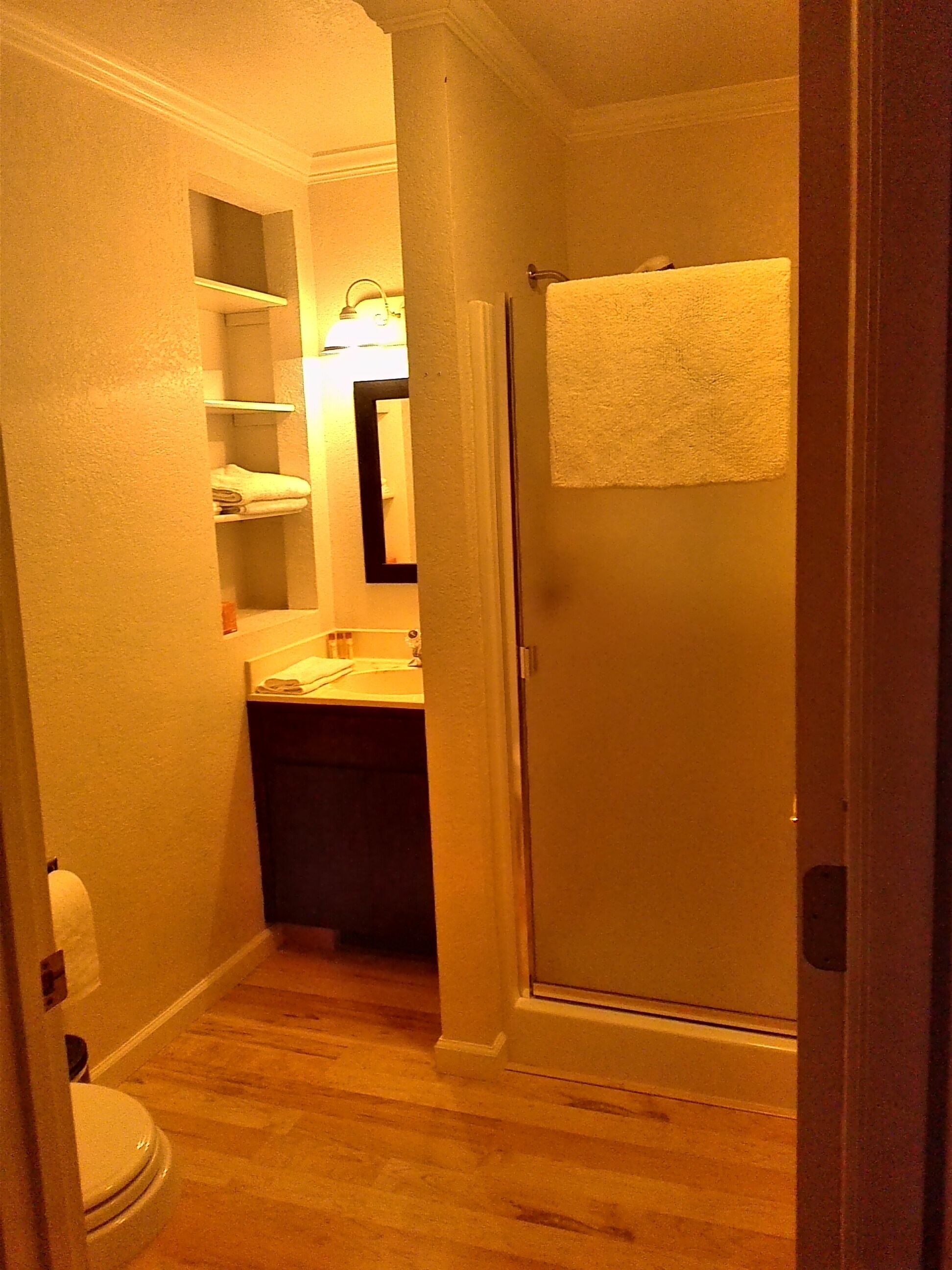 A narrow bathroom with a toilet, a sink, and a mirror.