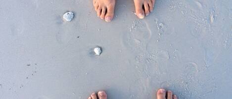 A pair of bare feet on a sandy beach with footprints and a few seashells.