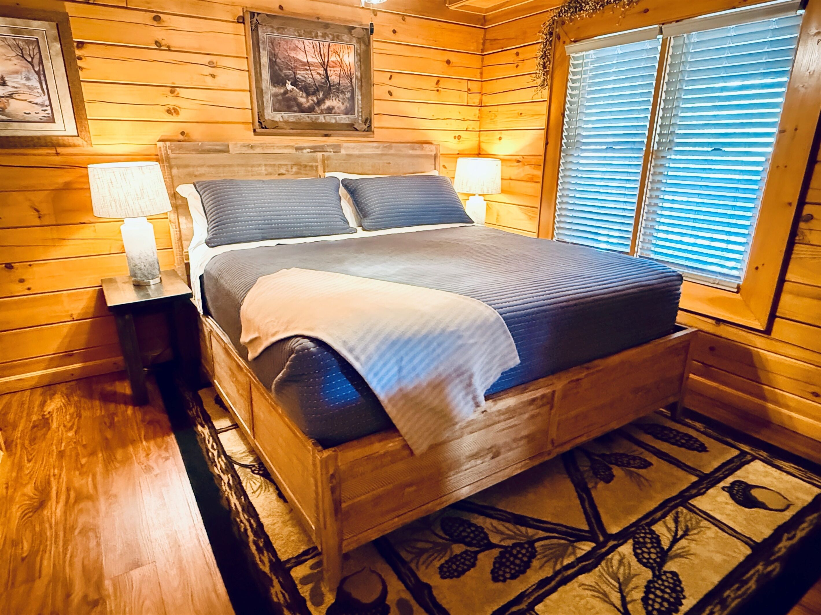 Bedroom #1 - King bed (new April 2026), Soaker, Fireplace, TV (main level).