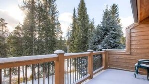 Une terrasse en bois avec une rambarde en métal, un sol recouvert de neige et, au loin, de grands arbres à feuilles persistantes.
