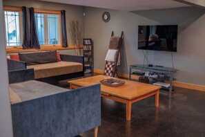 Smart TV, fireplace, video games, DVD player