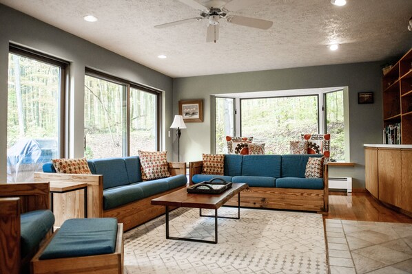 Smart TV, fireplace, video games, DVD player