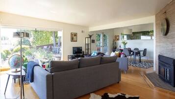 Una televisión, una chimenea, un reproductor de DVD