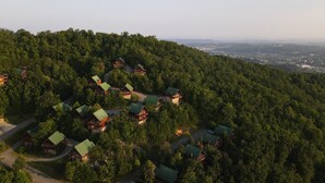 Vista aérea de un área boscosa con varias cabañas.