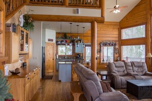 TV connectée, cheminée, lecteur de DVD, livres