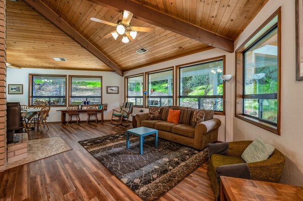 Smart TV, chimenea, reproductor de DVD y libros 