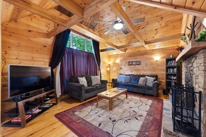 Smart-TV, peis, DVD-spiller og bøker