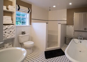 Badewanne, Haartrockner, Handtücher, Seife