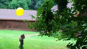 Criança brincando com um balão amarelo em um quintal gramado, com cerca de madeira e árvores ao fundo.