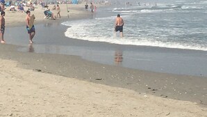 Una playa con gente caminando por la orilla y algunos nadando en el agua.