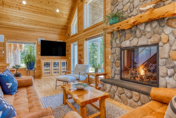 Smart TV, fireplace, video games, DVD player