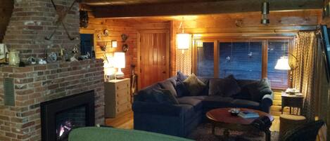 テレビ、暖炉、DVD プレーヤー、書庫